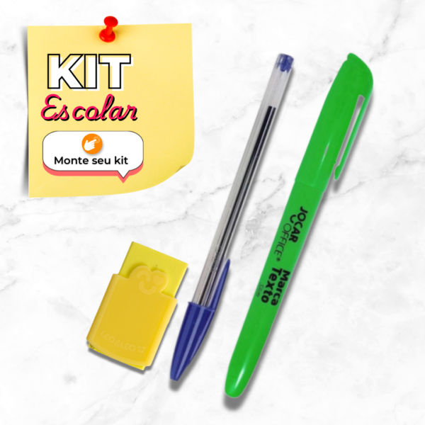 Kit Escolar 1 - Borracha, Caneta e Marca texto