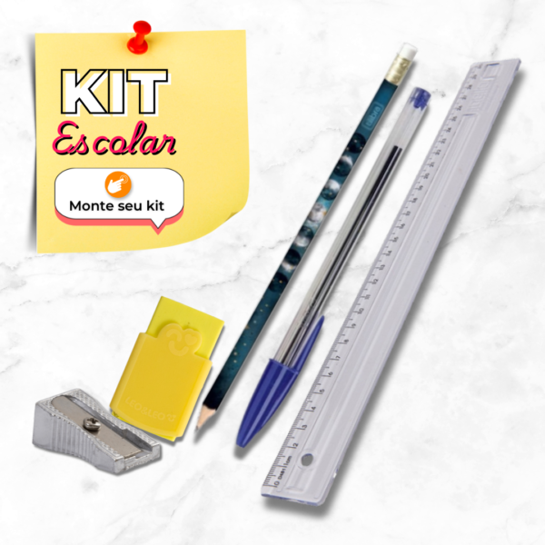 Kit Escolar 5 - Borracha, Caneta, Lápis, Apontador e Régua